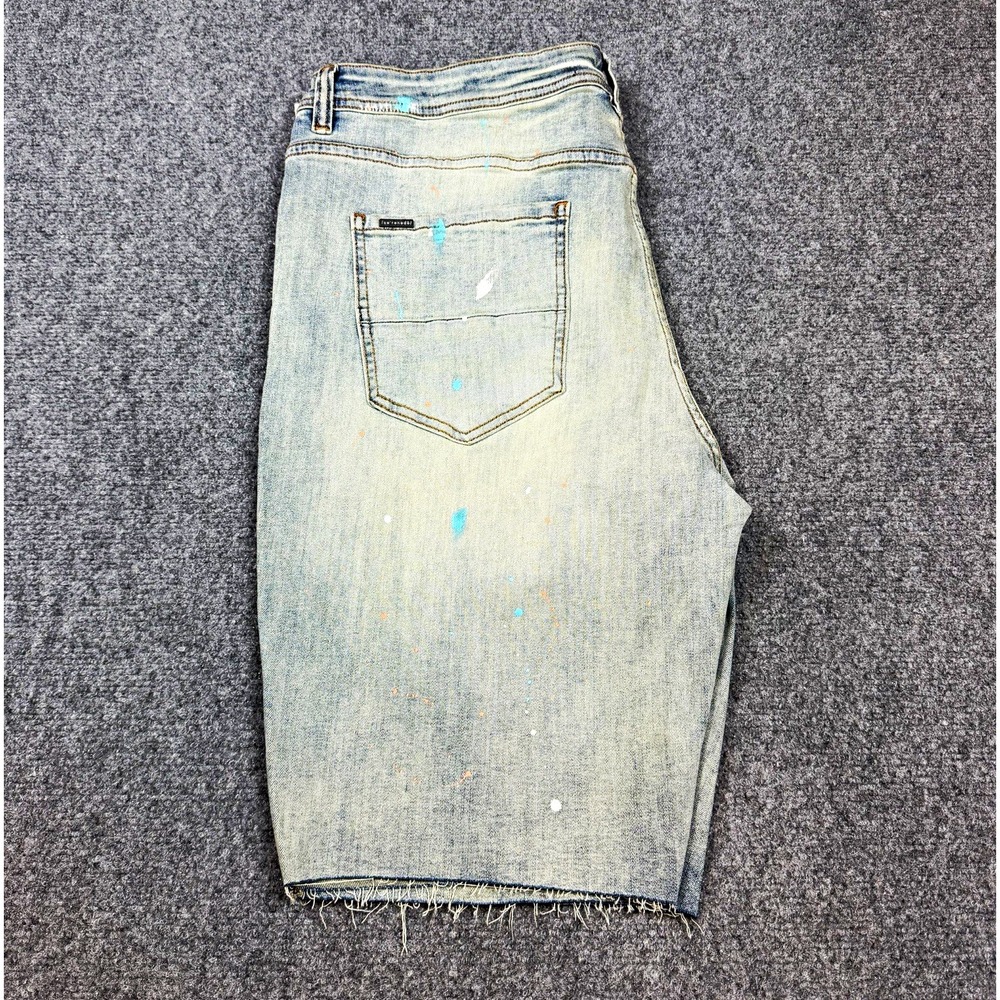 Serenade Mens Light Wash Denim Shorts Blue Paint Splatter Stretch Size 40